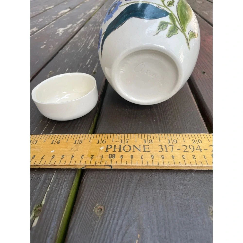 Vintage Signed Ann Hand Painted Floral Ceramic Ginger Jar with Lid White 7 Inch